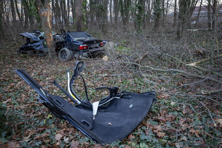 Zalaegerszeg, 2019. december 20.
Fának ütközött, összeroncsolódott autó Zalaegerszeg külterületén a Ságodi úton 2019. december 20-án. A jármű a fák közé szorult, egy fát kidöntött, amely az autóra zuhant. A balesetben ketten meghaltak.
MTI/Varga György