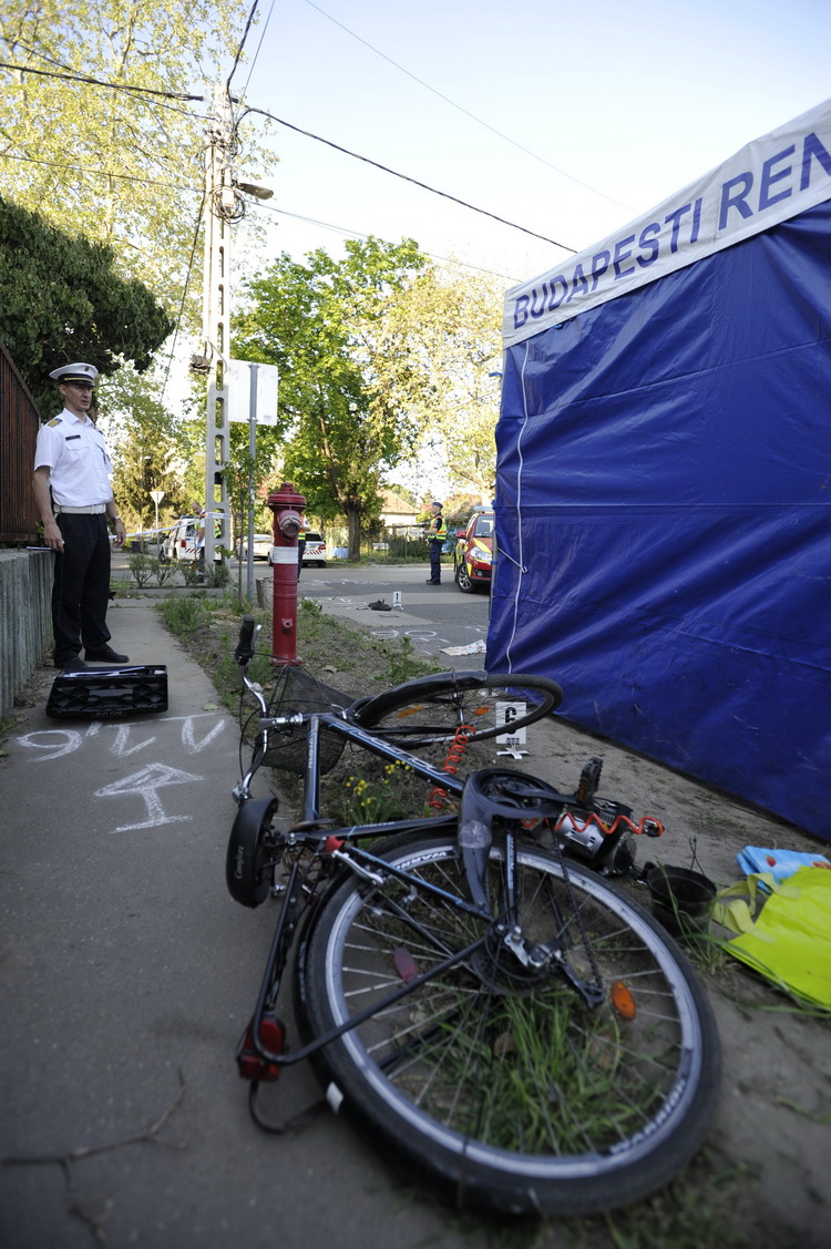 Budapest, 2020. április 22.
Rendőr helyszínel 2020. április 22-én a XIX. kerületi Segesvár utcában, ahol halálra gázoltak egy kerékpáros férfit.
MTI/Mihádák Zoltán