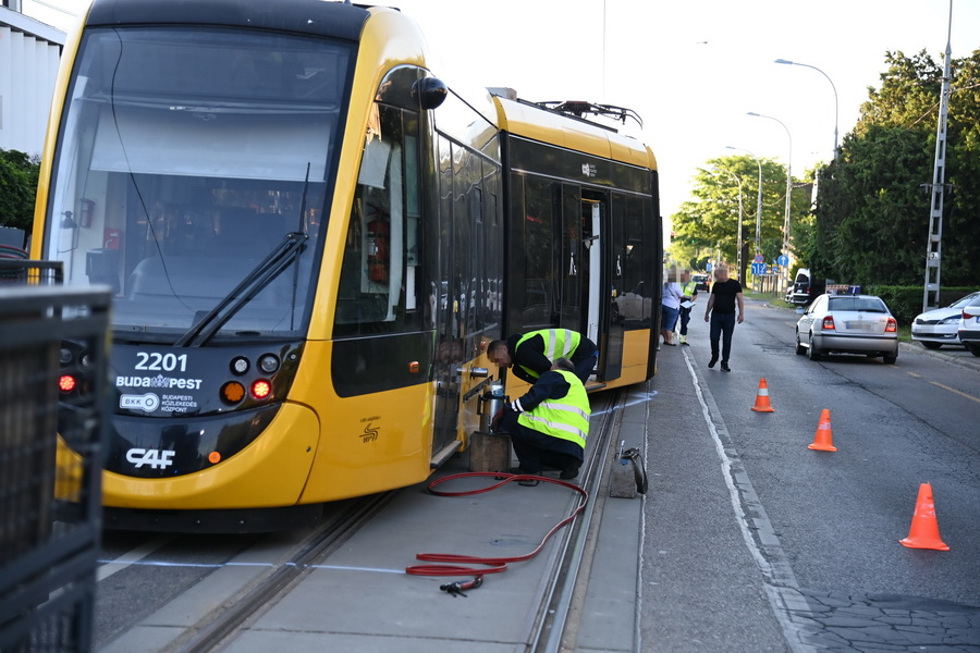 Budapest, 2021. június 12.
Egy kisiklott villamos visszaemelésén dolgoznak a XIX. kerületben, az Ady Endre úton 2021. június 12-én. A balesetben személyi sérülés nem történt.
MTI/Mihádák Zoltán
